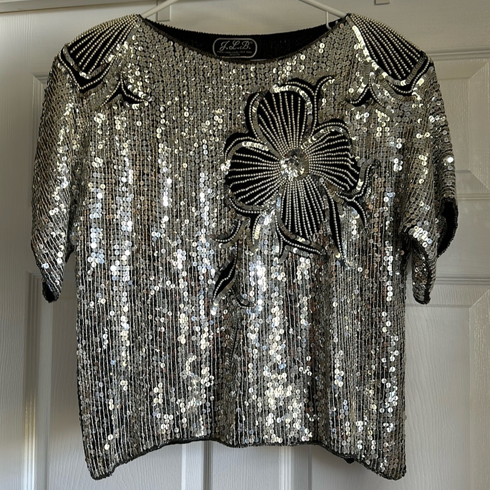 J.L.B. Sz L 100% silk Sequin Blouse